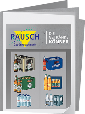 Angebotsflyer von Rausch Getränkefachmarkt („Die Getränkekönner“) mit abgebildeten Getränke-Kisten und Flaschen (u. a. Bier, Bionade, Softdrinks, Wasser).